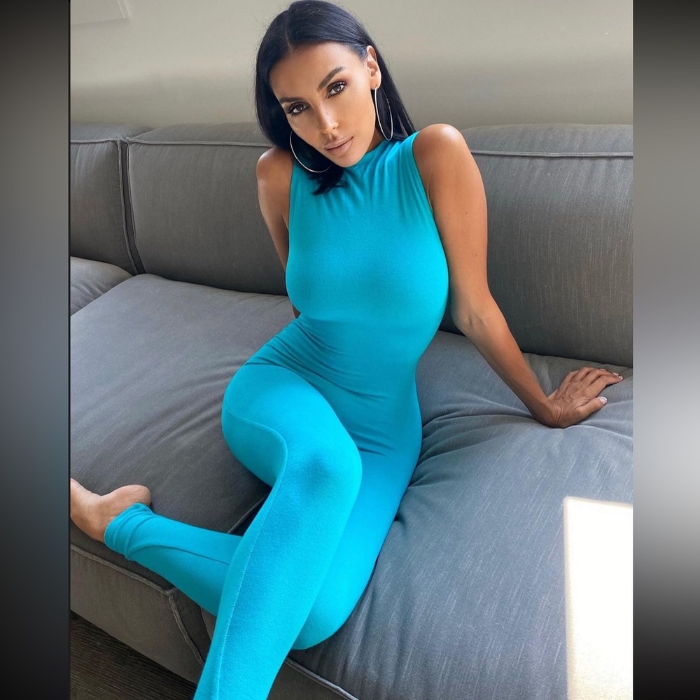 New naked wardrobe sleeveless turquoise skinny leg double layer NW jumpsuit